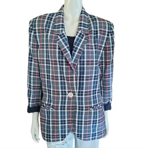 Vintage 90s Plaid Blazer size Large Removeable Shoulder Pads Rolled Cuff